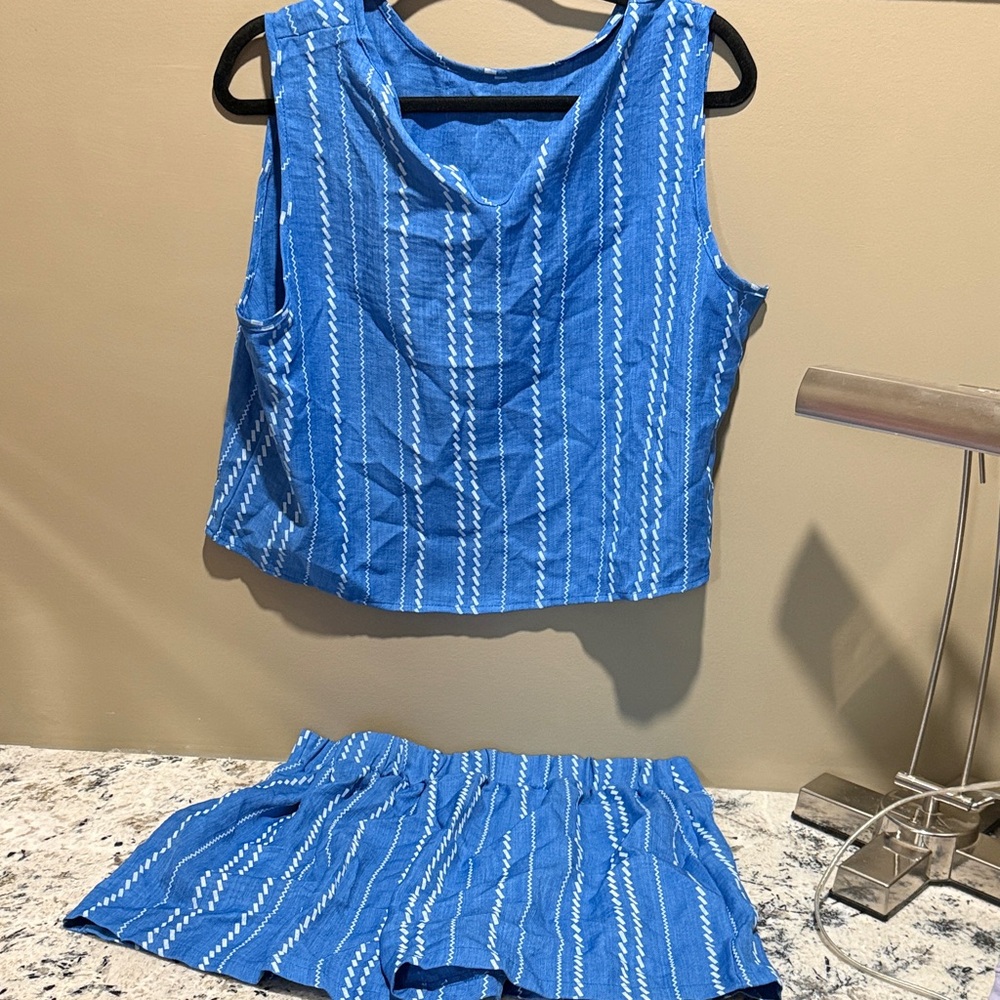 Blue Striped Sleeveless Top and Shorts Set